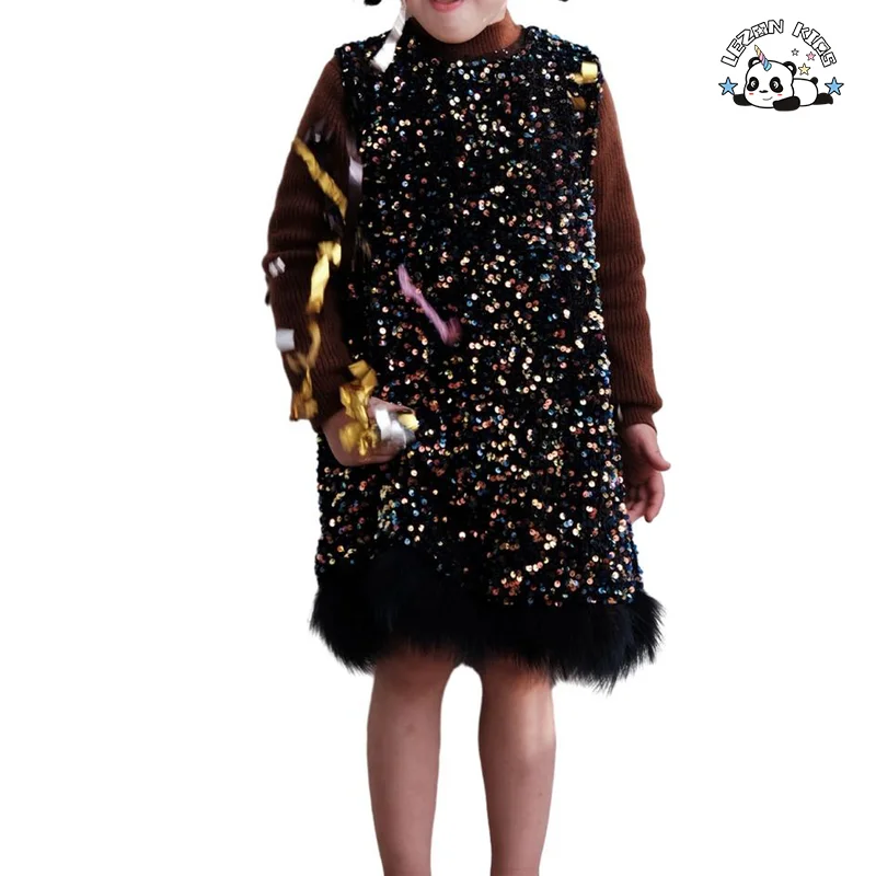 LEZONKIDS - Novo modelo de vestido de menina personalizado brilhante sem mangas com penas de veludo e lantejoulas